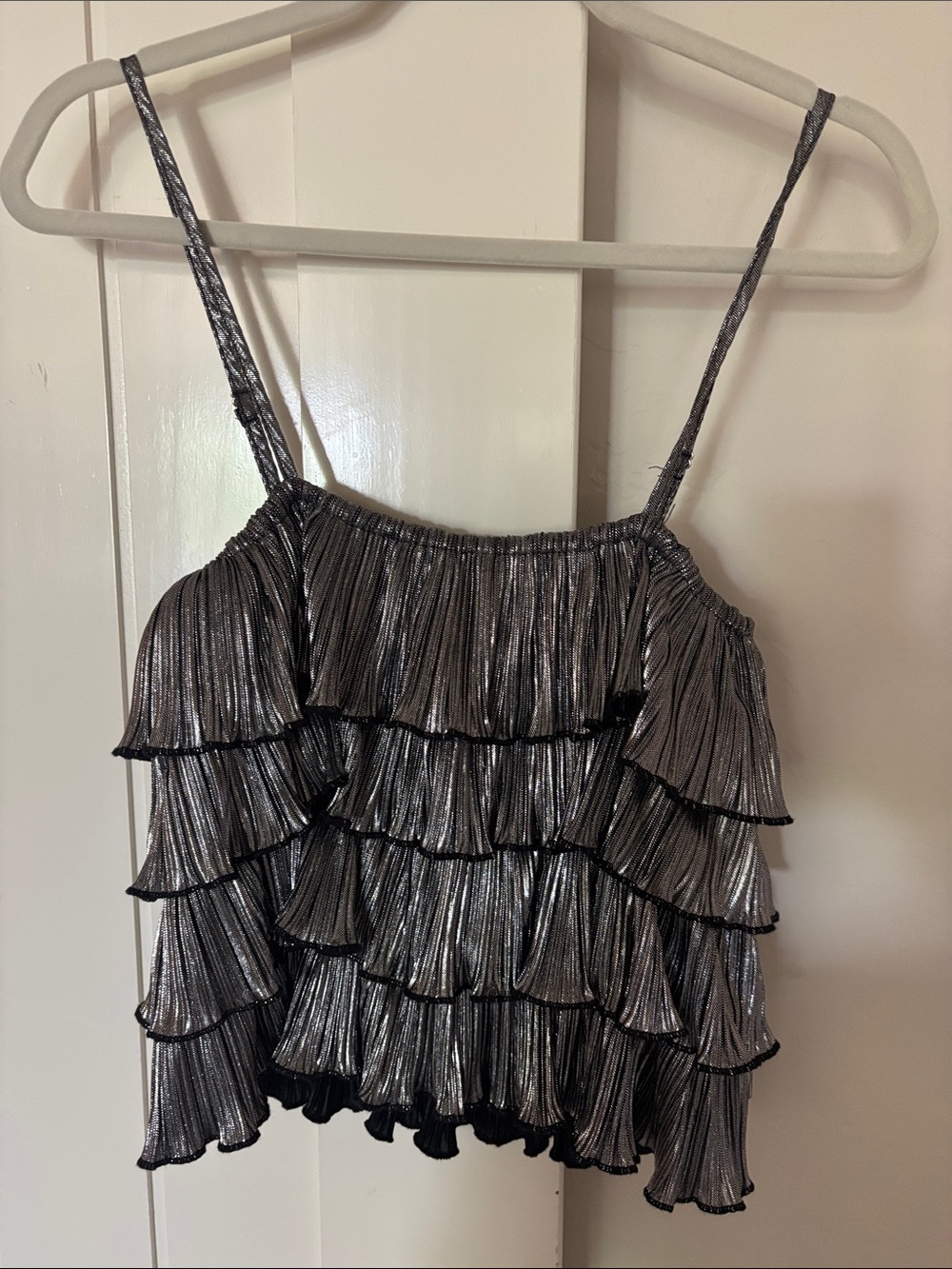 Metallic Silver Ruffle Camisole Top
